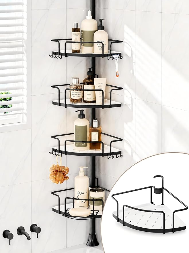 ALLZONE Corner Shower Caddy Tension Pole, 4 Hang-On Basket with Mixed-Height Shelves for Various Bottle Sizes, Extra Hooks & Soap Holder, Rustproof Stainless Steel, Fits 34–116 Inch, Black/White by ALLZONE