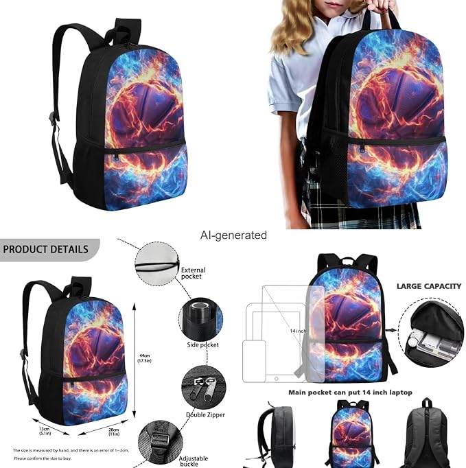Fire Basketball Backpack for School Boys Backpack with Lunch Box Water Bottle Bag and Big Pencil Pouch 4PCS Set Soft Bookbag with Front Pocket 17 inch Sturdy Elementary School Bag for Kids - Image 3