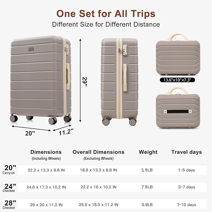 Hardshell Luggage Sets, Lightweight Stripes Suitcases with Spinner Wheels, Rosybrown 6pcs - Image 7
