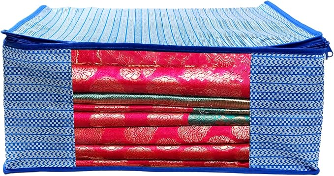 ANKIT INTERNATIONAL Saree Cover Storage Bags Pack of 03 – Non Woven Foldable Clothes Storage Organizer with Zipper & Clear Window, Wardrobe Garment Storage for Sarees, Dresses (Blue) - Image 3
