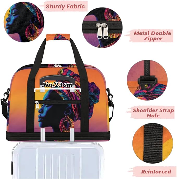 African American Women Foldable Travel Duffel Bag, Expandable Weekender Overnight Carry on Bags with Shoe Compartment Sport Tote Gym Luggage for Women Men - Image 5
