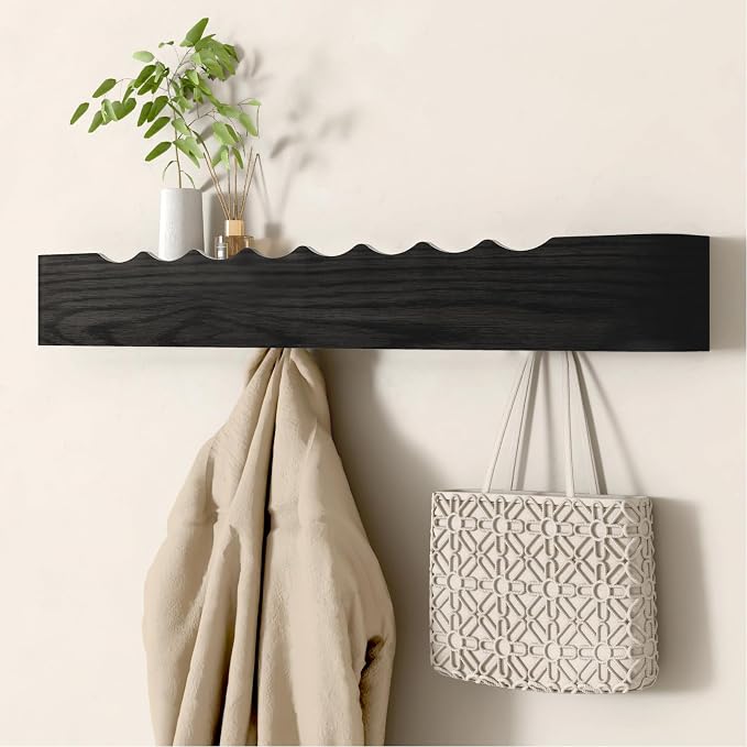 Wall Mounted Coat Rack with Shelf, Wooden Entryway Organizer with Hidden Metal Hooks for Hanging Coats Bags Keys, Modern Floating Shelf for Hallway Bathroom by VERASCOT