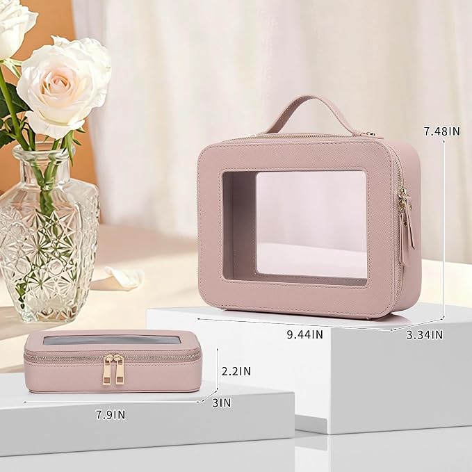 Travel Makeup Bag, Pink, L+Slim | With Brush Case, Transparent, Waterproof, Zipper Closure - Image 3