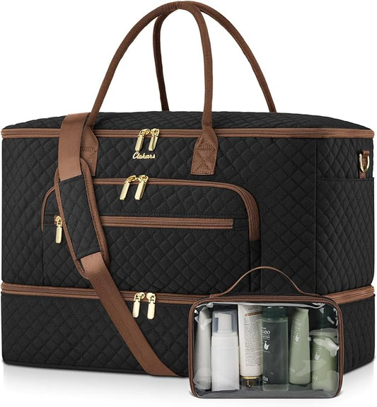 Travel Duffle Bag, Wide Open Large Weekender Bag for Women with Shoe Compartment, Carry on Overnight Bags with Toiletry Bag, Hospital Bag for Women Labor Delivery with Wet Pocket (Black Brown) by Unknown