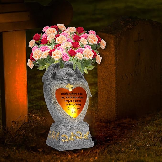 Cemetery Decorations for Grave,Cemetery vases for Grave,Decoration for Graves, Garden Angel,Cemetery vase with led,Family Garden Memorial Statue Funeral Gift, Angels Solar Lights,Crying Angel (Gray)