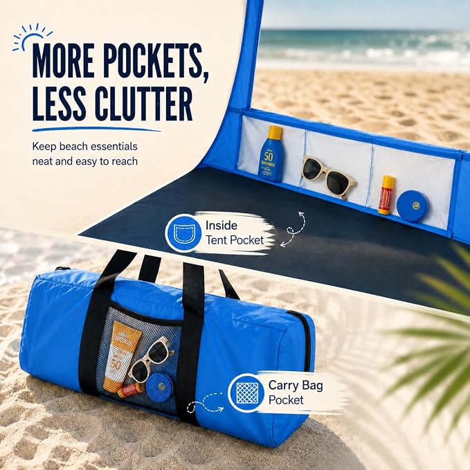 Beach Tent, Portable Sun Shelter for 2/3/4/6-8 Person with UPF 50+ UV Protection, Easy Setup Waterproof Beach Shade Canopy Cabana for Family Outdoor and Picnics, Fishing with Carrying Bag - Image 8
