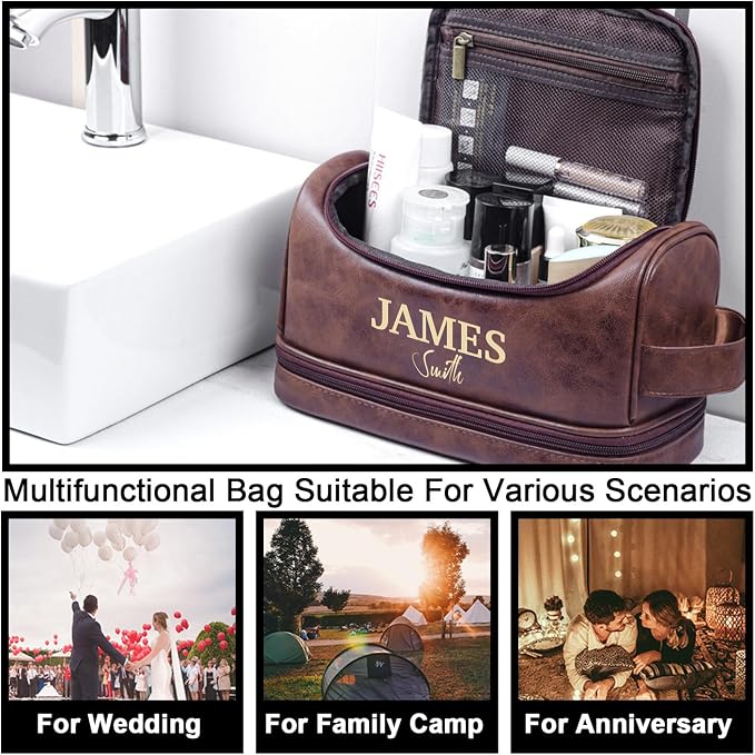 Personalized Leather Toiletry Bag, Brown, Three Layer Structure, Waterproof, Customizable Name Engraving, Travel Organizer for Men, Multi-Occasion Gift (TSN201212) - Image 3
