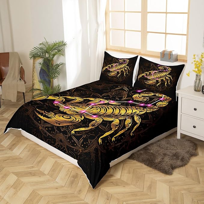 Golden Scorpion Duvet Cover Twin Size Exotic Tribal Retro Theme Luxury Bedding Set for Adult Women Men Gothic Style Comforter Cover Set with Zipper Ties Black Gold Mandala Decor Vintage Quilt Set - Image 3