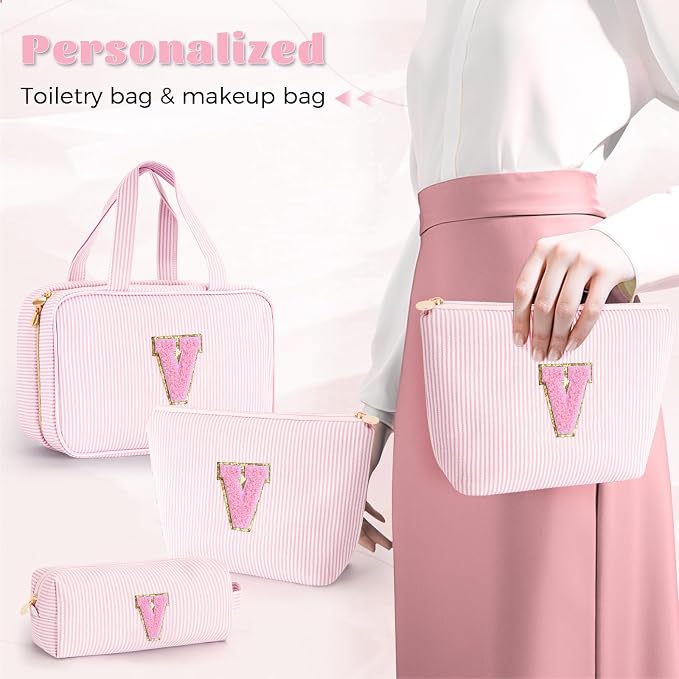 Gifts for Teen Girls Women - Travel Hanging Toiletry Bag & Makeup Bag - Personalized Initial Cosmetic Bag | Birthday Gift for Girl Trendy Stuff - Pink V - Image 4