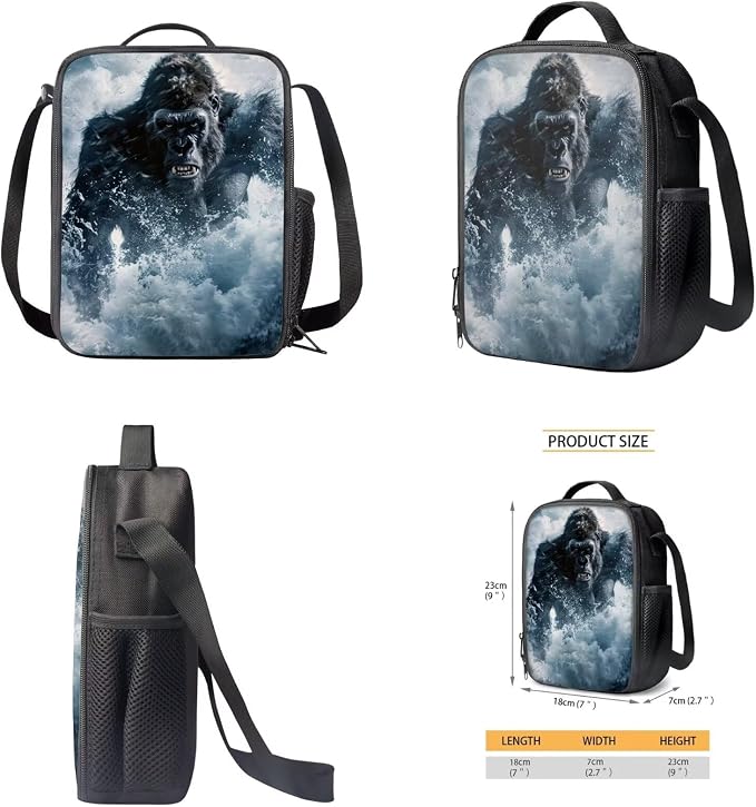 17 Inch Animal Print School Backpack And Lunch Box Set for Kids Lightweight Sea Angry Gorilla Backpack for Boys Girls Sturdy School Bag with Insulated Lunchbox Pencil Case Student Bookbag - Image 5