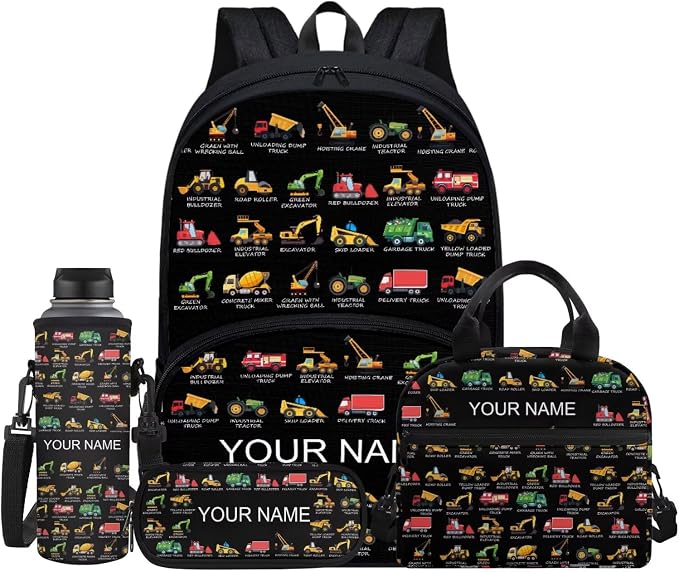 4PCS Boys Car Black Backpacks for Children 17" School Backpack for Kids Students Custom Large Capacity Bookbag Kindergarten Primary Book Pen Case Lunch Bag Daypack Knapsack Rucksack by Jndtueit