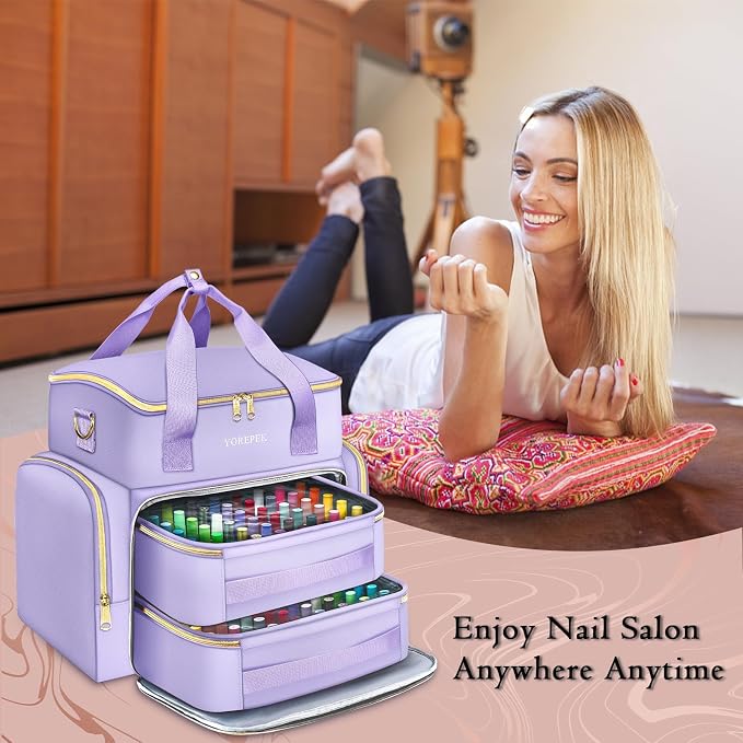 YOREPEK XL Nail Polish Organizer Holds 96 to 100+ Bottles, Lavender Purple | Gel x Nail kit Bag with 2 Removable Pouches Fits Nail Suppiles, UV lamp, Gifts for Manicurist, Women - Image 2