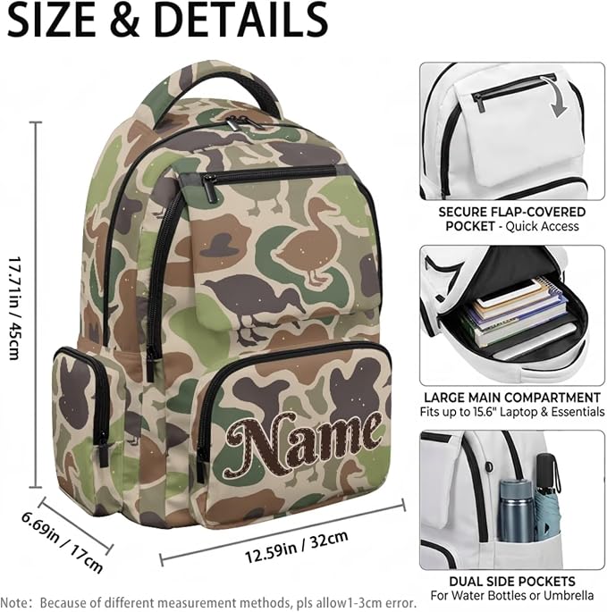 Duck Camo Custom Name 4Pcs Kids Backpack Set for School, 17 Inch | Lunch Box, Water Bottle Holder, Lightweight Durable 600D Material, Multi Pockets, for Elementary Middle School Daily Travel - Image 4