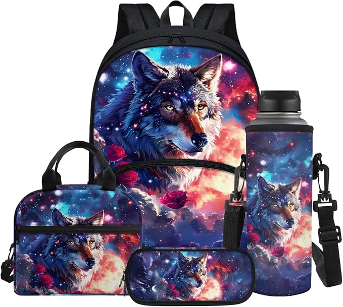 Kids School Bag Galaxy Wolf Print Backpack for Boys with Lunch Box Cooler Water Bottle Sleeve Cover Small Portable Pencil Pen Case Back to School Supplies by Glomenade