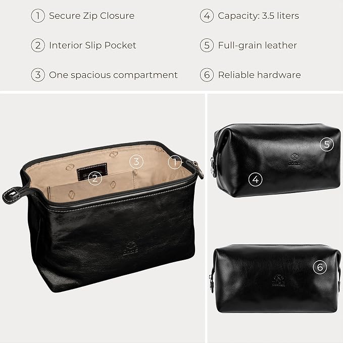 Time Resistance Leather Toiletry Bag - Italian Cosmetic Case Dopp Kit (Black) - Image 6