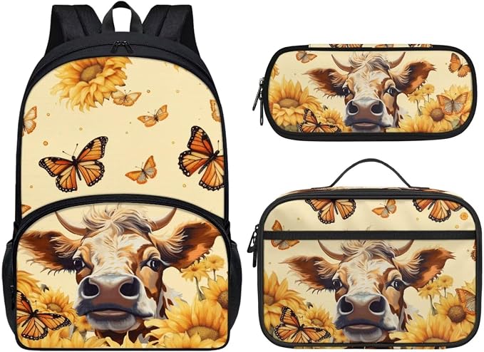 Highland Cow School Backpack for Girl 3 in 1 Schoolbag Kids Butterfly Backpacks and Lun Boxes Pencil Case 17 Inch Daypack School Supplies Teen Child School Bookbag Set for Primary Secondary by Dremagia