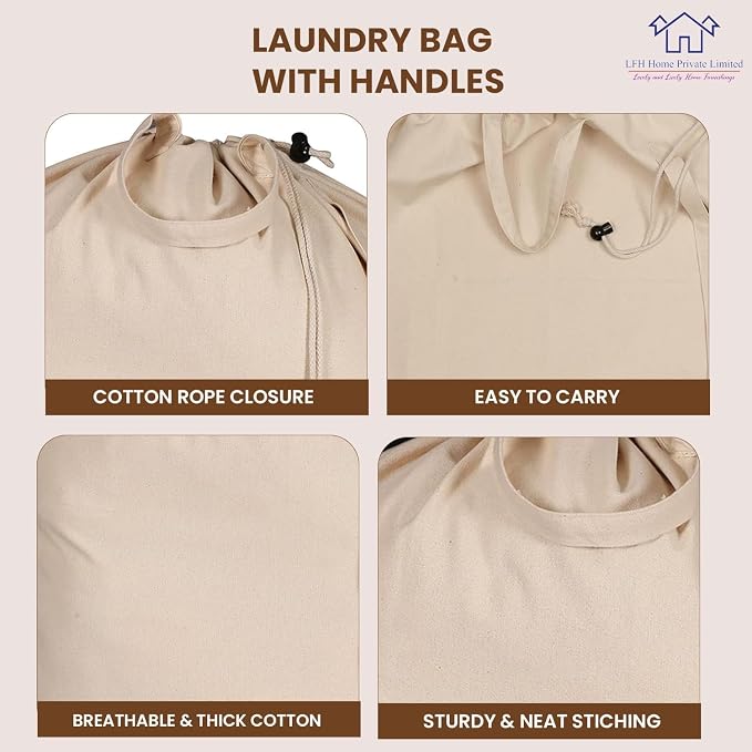 LFH Home Large Premium Cotton Rich Canvas Laundry Bag with Drawstring and Handles Heavy Duty, Multi-Use, and Washable for Home, Travel, College or Storage 24x36 (Pack of 2)-Natural - Image 3