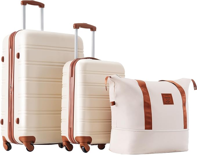 Merax Luggage Sets 2 Piece Expandable Hardside Luggage with Travel Bag Suitcase Set with Spinner Wheels(20+28+bag,Brown+White-1) by Merax