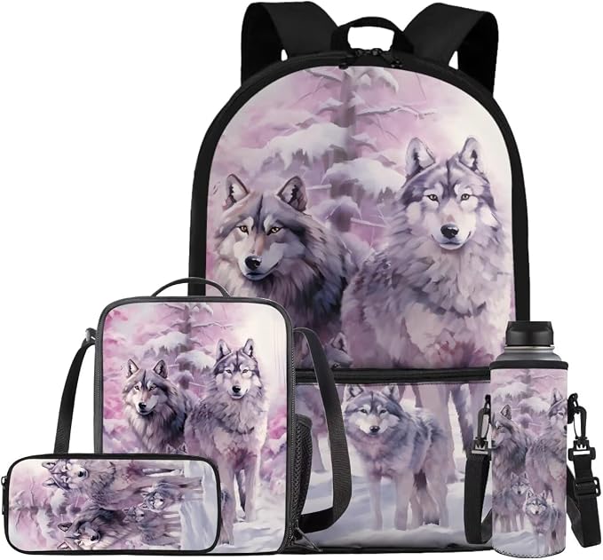 Wolf Backpack for Girls Kids Backpack with Lunch Box Water Bottle Carrier and Soft Pencil Case 4PCS Set Bookbag with Front Pocket for School 17 inch Large Capacity School Bag and Side Pocket by ELEDIZI
