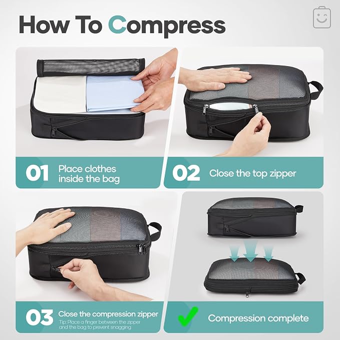 Veken 11 Set Compression Packing Cubes Garment Bags for Travel Essentials,Compressible Expandable Luggage Organizer Bags for Clothing,Space Saver Bags with Over 1000 pcs of Mesh Holes(Black) - Image 3
