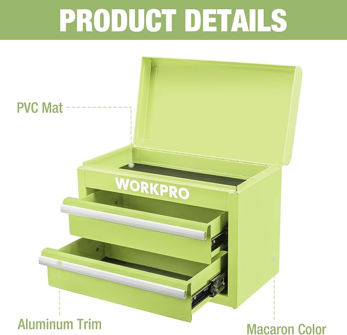 WORKPRO Metal Mini Tool Box with 2 Drawers and Top Storage | Cold Rolled Steel Toolbox, Ball Bearing Slides, PVC Drawer Liners, PP Feet Pads, Durable Storage - Image 3
