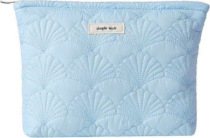 RSRSLEII Quilted Cotton Coquette Makeup bag, Coastal Granddaughter Aesthetic Cosmetic Bag, Cute Seashell Portable Travel Toiletry Pouch (11 Light Blue) by RSRSLEII