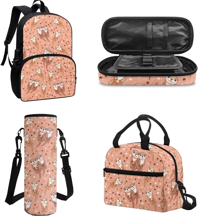 POLERO Cute Kids Backpack for Girls Cartoon Sea Otter Print School Bag Set 4Pcs Preschool Bookbags with Lunch Box - Image 2