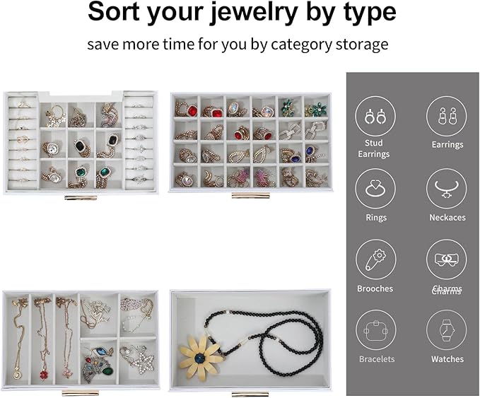 BOOVO Jewelry Boxes for Women, White and Black 6 Layer Large Jewelry Box for Necklace, Bracelet, Earrings, Rings Storage, Jewelry holder Organizer for Girls Gift (Clear White, 4 layer) - Image 3
