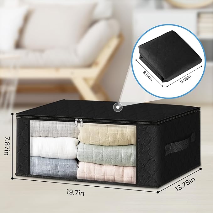HomeHacks Storage 3-Pack Clothes Organizer Storage Bags Foldable Storage Box with Large Clear Window Sturdy Handles for Closet, Dorm, Pillows, Bedding, Clothes, Blankets, 35L, Black - Image 2