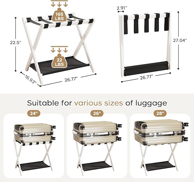 Fully Assembled Luggage Rack, 26.77" Folding Suitcase Stand with Storage Shelf, Bamboo Luggage Stand for Guest Room, Bedroon and Hotel, Holds up to 165 lb, Fit Most Luggage Size, 1 Pack, White - Image 2