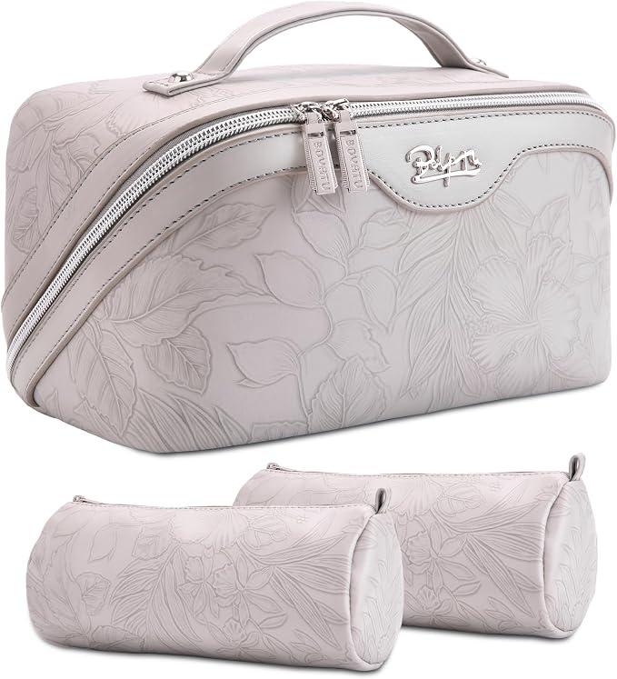 BOYATU Travel Makeup Bags Cosmetic Organizer Bag: 3-Set Large Capacity Make up Bag - PU Leather Toiletry Bags for Women - Wide Open Portable Pouch with Divider & Handle (15-Light Grey-2) by BOYATU