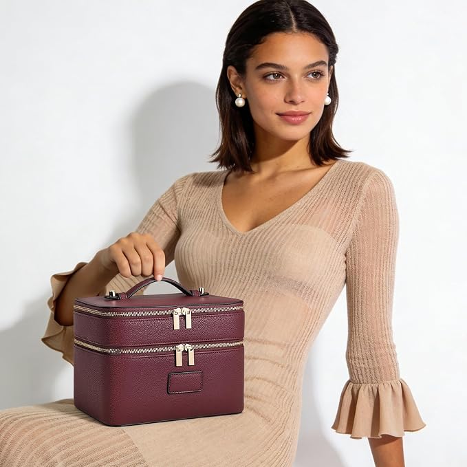 HiTotes Large Makeup Bag Duo Vanity Case for Women Leather Makeup Case Travel Toiletry Bag Portable Double Layer Cosmetic Bag - Image 5
