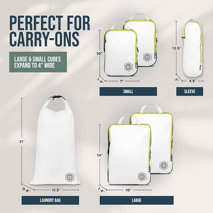 Compression Packing Cubes for Travel, 6-Piece Lightweight Packing Cubes Set for Carry-On Luggage & Backpacks – TRIPPED Travel Gear (White and Green) - Image 4
