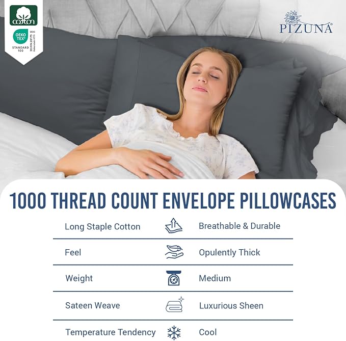 Pizuna 100% Cotton Pillow Cases Queen Size Set of 2 Luxury 1000 Thread Count Sateen Weave Long Staple Cotton Hotel Quality Envelope Closure Pillow Covers Fits Standard/Queen Pillows - Dark Grey - Image 2