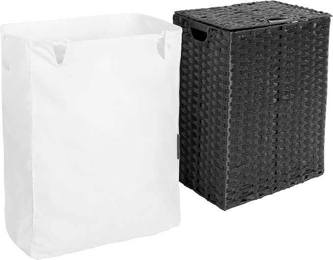 Seville Classics Premium Handwoven Portable Laundry Bin Basket with Carrying Handles, Household Storage for Clothes, Linens, Sheets, Black, Rectangular Hamper - Image 8