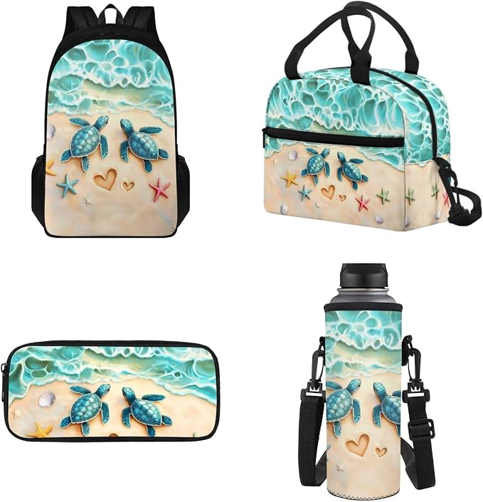 School Backpack Set, Sea Turtle Starfish Print Portable School Bags with Water Bottle Carrier Lunch Boxes Pencil Cases for Teens Student Bag Daypack Set 4 in 1 by Tomeusey