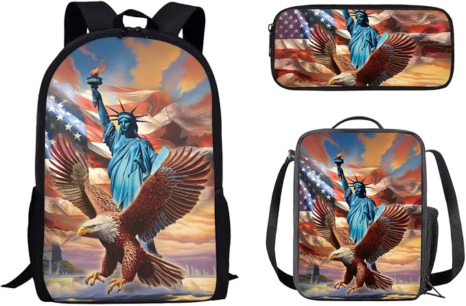 Mumeson Eagle State of Liberty Backpack Schoolbag Set for Teen Kids Lightweight School Backpack with Insulated Lunch Bag Pencase Pencil Bag Storage Bag Organizers Set 3 Pack by Mumeson