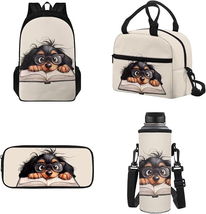 Funny Dachshund Book Backpack for School Teens Bookbags with Reusable Lunch Box Pencil Pouch Water Bottle Organizer Set of 4 Pcs Hiking Bookbag Lightweight Book Bags Rucksack for Travel by Tomeusey