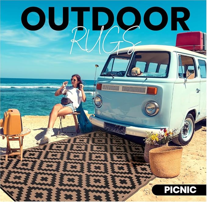 Outdoor Rugs, Outdoor Plastic Straw Rug, Reversible Waterproof Carpet for Camping, Poolside, Garden, BBQ Area, Gazebo Flooring, RV Park & Beach, Square Pattern, Black & Brown, 5'x8' - Image 5
