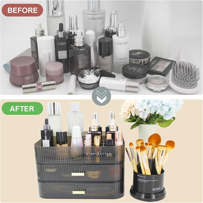 Makeup Organizer with 2 Drawers, Cosmetics Organizer for Bedroom and Bathroom Vanity Countertops, Large Capacity Cosmetic Storage Box for Skincare Cream Perfume Lipstick Dresser Counter-Black - Image 4