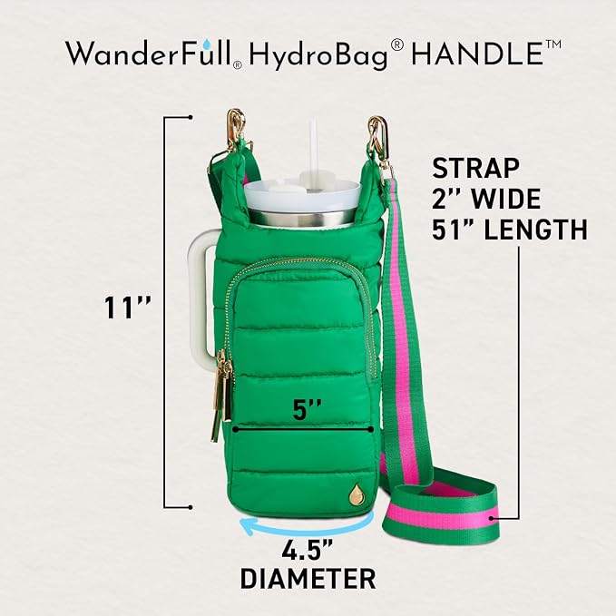 WanderFull Original HydroBag Handle® | Large Water Bottle Holder with Strap & Zipper Slot for Handle | Crossbody Tumbler Carrier Bag with Organizer Pockets | Kelly Green, Pink & Green Striped Strap - Image 4