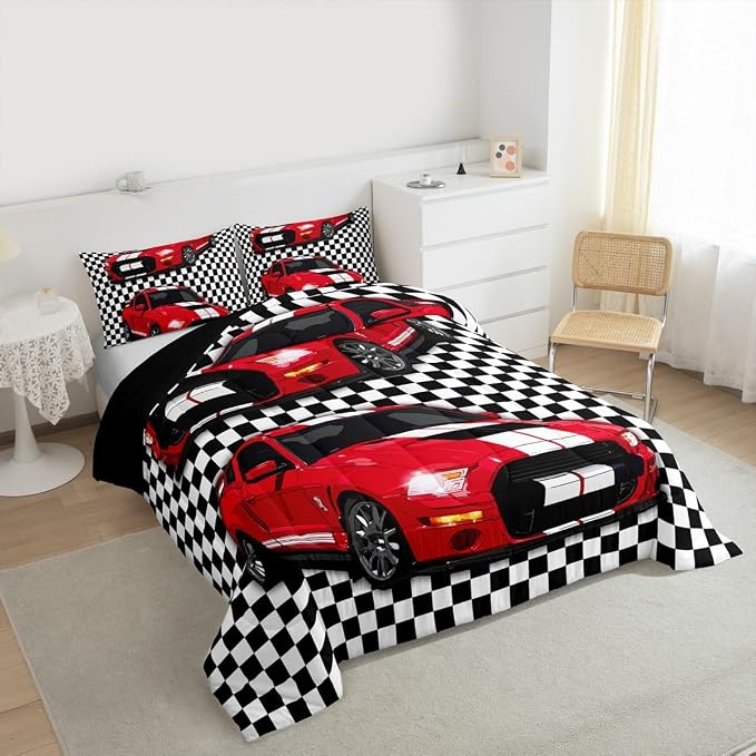 Erosebridal Child Racing Car Comforter Set Race Sports Car Bedding Set Black and White Grid Duvet Sets Automobile Bedding Set Mordern Design Boys Teens Bedroom Decor Down Comforter,Twin - Image 4