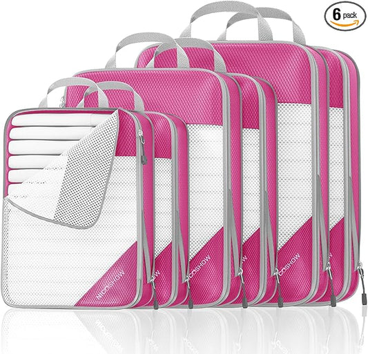 Compression Packing Cubes 6 Set, Compressible Space-Saving Packing Cubes for Travel - Compression Bags, Luggage Organizer, Travel Essentials for Women, Hot Pink by NICOSHOW