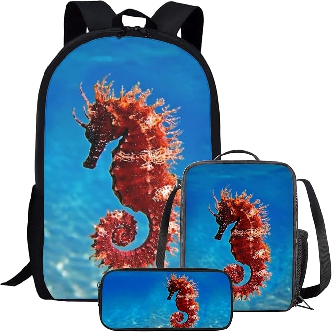 Girls Boys School Backpack with Lunch Box Pencil Case Comfy Padded Lightweight Dwarf Seahorse Backpack Set Kids Cute Bookbag Insulated Lunch Bag Student Large Capacity Daypack 17 Inch by Parprinty