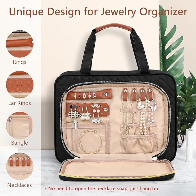 Wedama Toiletry Bag for Women, Hanging Travel Toiletry Bag with Jewelry Organizer Compartment Large Makeup Bag, PVC Waterproof Cosmetic Travel Bag for Travel Business Trips Camping Bathroom, Black - Image 2
