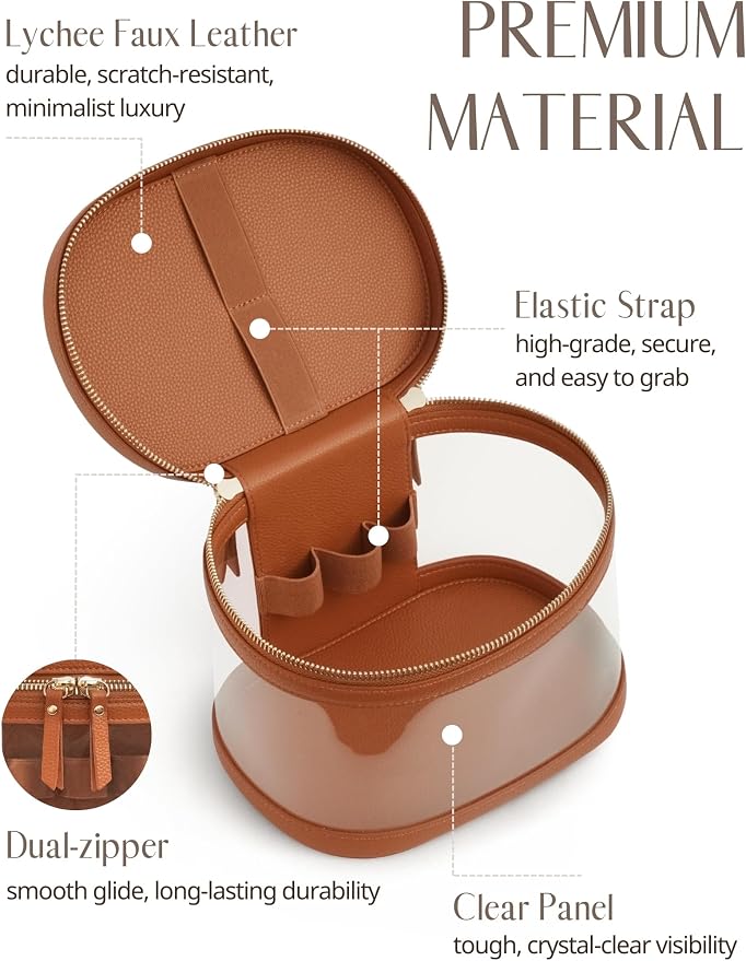 Popvibe Travel Makeup Case Clear Vanity Bag with Brush Holder, Compact Leather Train Case Brown Make Up Bag Storage Organizer Luxury Cosmetic Case Travel Essentials Cute Portable with Handle - Image 2
