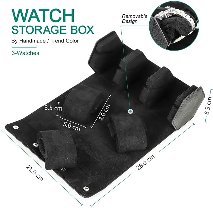 Hiram Genuine Leather Hexagon Watch Roll Travel Case, Leather 3-Watches Roll Case with Removable Pillow Cushion for Treasured Watches and Bracelets -Black - Image 2