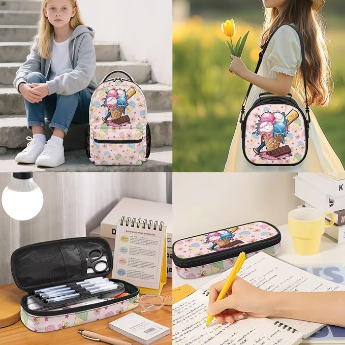 Ice Cream Cone Baseball 4-Piece Backpack Set with Lunch Box, Pencil Case & Dinosaur Charm, 17 Inch Bookbag for Girls 4th 5th 6th Grade Large Capacity Sport Backpack - Image 2