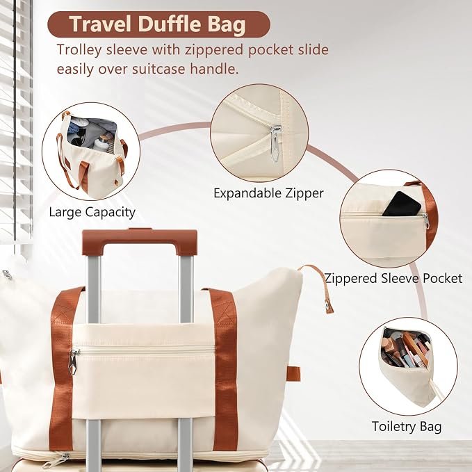 20 Inch Carry On Luggage 3 Piece Set, ABS Hard-side Lightweight Suitcase with a Travel Duffel & a Toiletry, Durable Spinner Wheels Luggage for Business Trip & Weekend Getaway, White Brown - Image 2