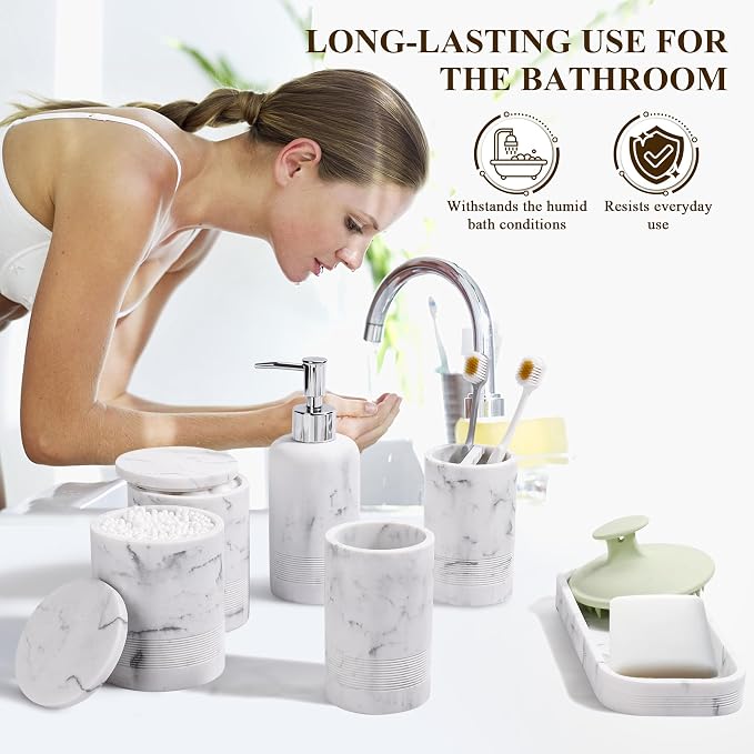 Bathroom Accessories Set, 6-Piece Bathroom Accessory Set, Toothbrush Holders Set, Soap Dispenser, Vanity Tray, Tumbler, Cotton Swab Jars, Bathroom Organizer for Modern Bathrooms (Marble White) - Image 4